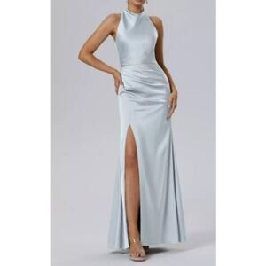 FORMAL AW SZ 4 S baby blue Satin Maharaol Floral Bridesmaid maxi Dress New b91